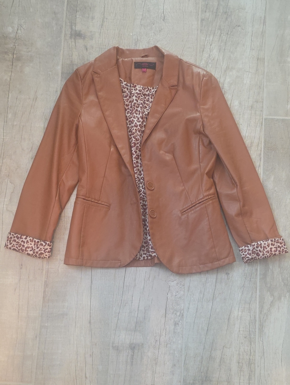 New Look Camel Faux Leather Blazer with Leopard Print Lining